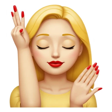 Standard yellow emoji face with closed eyes forming upward curved lines, visible eyelashes, pursed lips with red lipstick, and a hand showing only the thumb out with all other fingers closed against the palm, painted nails sticker