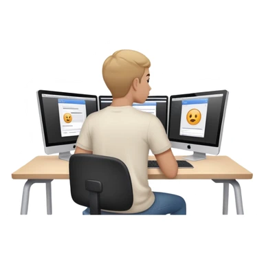 Video editor sitting in front of two screens, editing a video. View from behind, over the right shoulder sticker