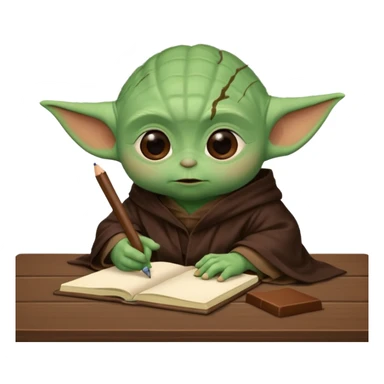 Baby Yoda con su tunica chocolate escribiendo en un cuaderno sobre un escritorio sticker