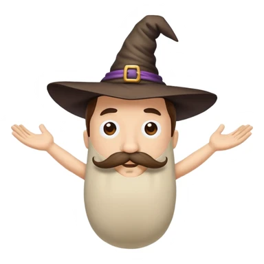 a pillow standing on his both legs, raising his both hands with witch hat and a big mustache sticker