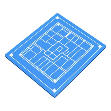 blue blueprint plan with white lines, isometric angle showing both side and top sticker