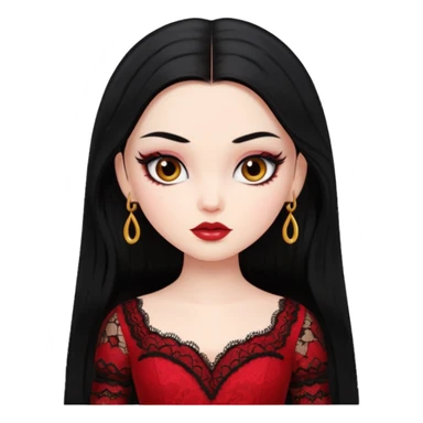 black hair, pretty, BLACK long black hair, pale skin, eyeliner, red lace clothes, brown eyes bratz baddie sticker