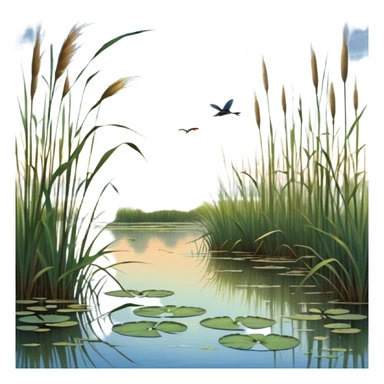 Cinematic Realistic Wetlands Emoji in a wooden frame, Peaceful and serene, with tall grasses swaying in the breeze and soft, muddy waters reflecting the sky above. Small birds and insects flit among the reeds while lily pads float lazily across the surface, punctuated by the occasional croak of a frog or splash of a fish. Soft glowing outline, capturing the essence of a calm, tranquil wetland brimming with life and natural beauty. sticker
