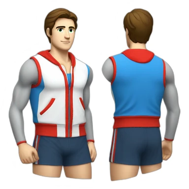 retro 70s blue and red gym clothes for a modern white brunette uni male student with glass sticker