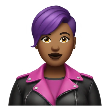 Plus size black woman with very short pink hair and a purple leather biker jacket with makeup on face. sticker