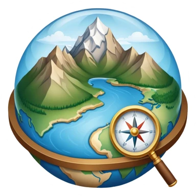 An icon featuring a globe, a compass, and a topographic map, symbolizing geography. The design includes mountain ranges, rivers, and a magnifying glass, representing the study of Earth's landscapes, features, and spatial relationships. Transparent background highlights geographic exploration. sticker