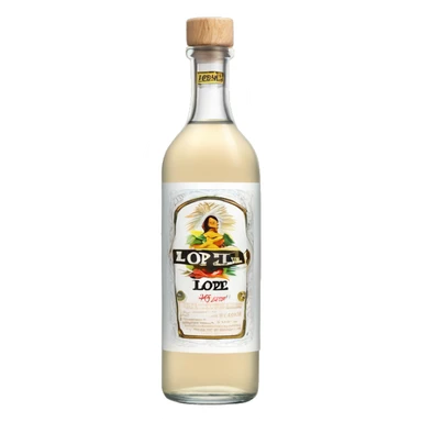 A tequila blanco classic transparent long cylindrical bottle with the text "Lopez" on the middle of the label. Only the cap is made of light wood sticker