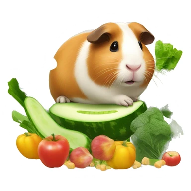 Guineapig playing on a pile of veggies and fruit with a piece of cucumber in his mouth sticker