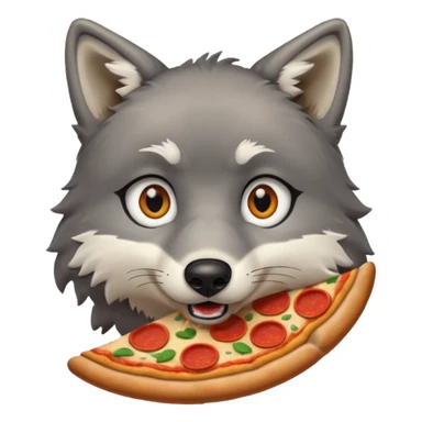a sitting surprised grey wolf eating a piece of pizza emoji sticker
