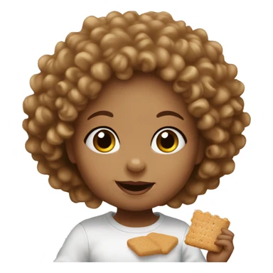 A white baby girl with curly hair eating a graham cracker sticker