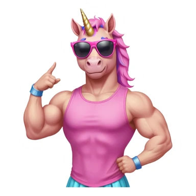 friendly anthropomorphised masculine unicorn with horse-like face, muscular bodybuilder build, in tutu and pink t-shirt, wearing dark sunglasses, standard pose, close-crop head and shoulders portrait sticker