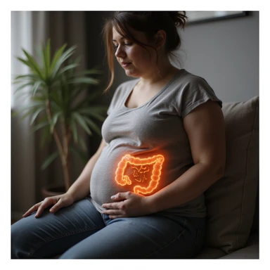 realistic image of a woman sitting with a curved posture, intestinal dysbiosis, visible bloating, intimate atmosphere, realistic details, familiar environment sticker