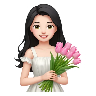  A girl Squint your eyes and smile with a black half-up half-down hairstyle, and a white dress, enjoying the spring breeze.Holding a bundle of pink tulips sticker