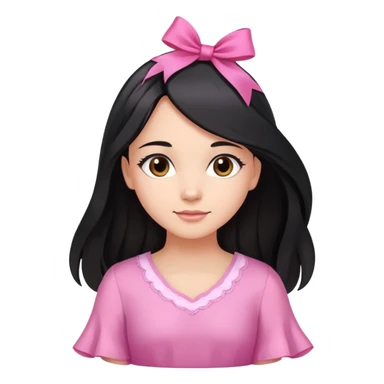 Beautiful girl with very long straight flowing black hair with small waves only at the ends, brown eyes, light skin, slight smile, pink ribbon in hair, and pink dress sticker