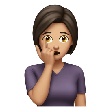 Woman brunette who is quited shocked and pointig finger to her head sticker