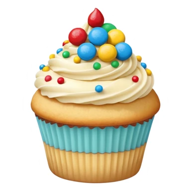 a soft vanilla cupcake with creamy frosting, decorated with scattered small, round, brightly colored candy-coated chocolates on top sticker