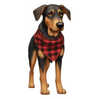adult 75% Coonhound 25% German Shepherd mix dog with visible tail wearing small pointed red buffalo plaid bandana full body walking left quickly sticker