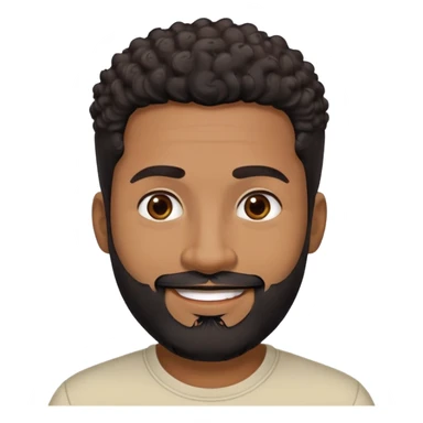 Caribbean man in his early 40s with medium brown complexion. Round friendly face. Energetic expression with wide smile. Cheerful dark eyes. Thick eyebrows. Wide nose. Well-groomed full black beard. Short curly black hair with faded sides. Wearing a cream colored casual shirt. sticker