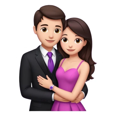 Brunette girl, with an engagement ring on her finger hugging a handsome man, (her boyfriend) both of them happy, she’s wearing a pink dress, he is wearing a black suit, he’s also a rich businessman, and there is the 💜 purple heart emoji on top. They look in love with each other.  sticker