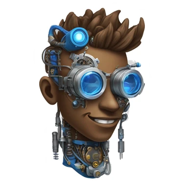 Brown cyborg head with blue Mohawk, blue beard, silver steampunk monocle goggles a smile and circuits sticker