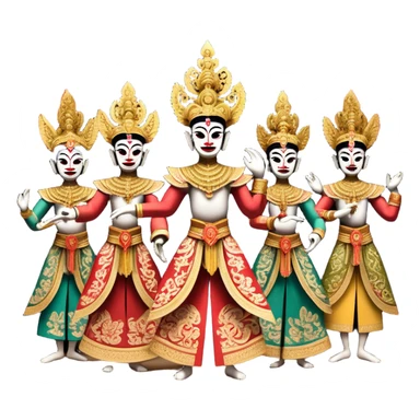 ​Cinematic Realistic Wayang Golek Ayun-ayun Dancers, depicted as intricately carved traditional wooden puppets in dynamic dance poses, adorned with vibrant painted details and expressive features, set against a softly lit stage that evokes centuries of Indonesian cultural heritage, rendered with lifelike textures and dramatic atmospheric lighting, sticker