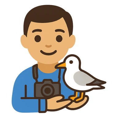 Minimalist emoji-style illustration of a smiling photographer holding a seagull in their hands and a camera around the neck. Simplified, clean lines, vibrant colors, small size sticker