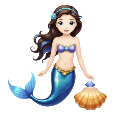 Brunette mermaid with blue tail and mermaid accessories. Holding seashell sticker