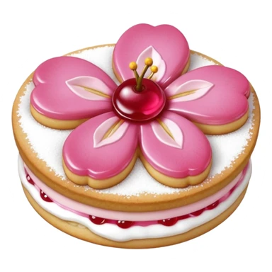 Realistic shortbread cookie in the shape of a cherry blossom with pale pink color jelly middle filling and sprinkled powder sugar on top. sticker