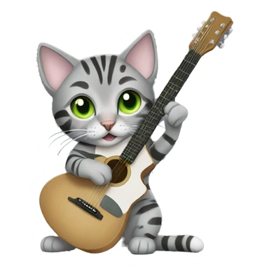Grey bengal cat with light green eyes playing a guitar sticker