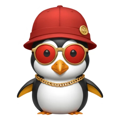 Mike D from Beastie Boys with dark sun glasses and large penguin medallion on gold chain and Red Hat with Mike D printed on hat sticker