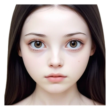girl with white skin, dark brown long realistic straight hair with middle part prominently falling in front of her body over her shoulders, natural lips with absolutely no cupid's bow and no lip gloss or makeup, big round eyes with very black shiny eyeballs and natural eyelashes, no makeup whatsoever on face, no blush, no eyeshadow, completely bare face, lighter button nose, exceptionally elongated very long oval-shaped face, wearing a pink off-shoulder top, looking directly at camera with hands down at sides sticker