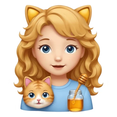 Создай яркий мультяшный телеграм‑стикер‑пак в духе Lady Cat: динамичный, кавайный и с милыми эмоциями ￼ ￼. Персонаж — молодая девушка с медовыми волнистыми волосами, серо‑голубыми глазами и нежной улыбкой; каждый стикер передаёт разные чувства, сохраняя романтичность и игривость. sticker