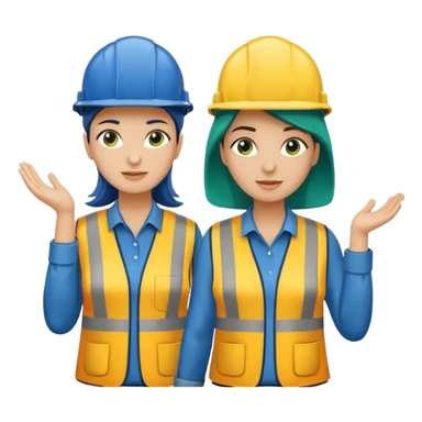 Um homem e uma mulher amarelos com capacete de obras ambos azul escuro e camisa social cinza com faixas refletivas verdes nos braços, Um deles deve estar segurando um megafone sticker