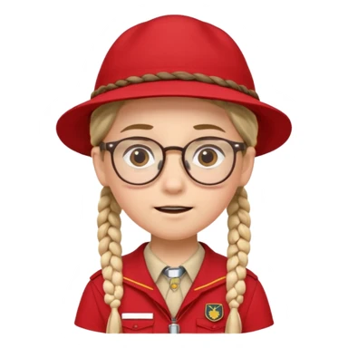 red uniform wearing scout kid with braids and glassess with hat sticker