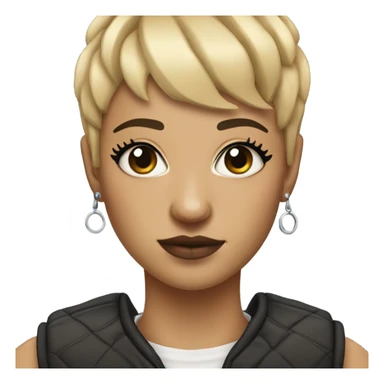 Woman with short blonde hair with micro bangs, and a nostril piercing, and a septum piercing sticker
