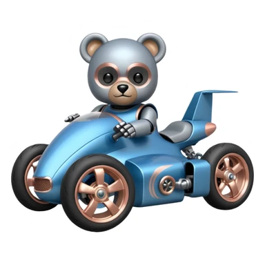  Metallic blue and rosegold-accented  kid-sized racing car for furry-faced grey bearded evil scary robot teddy bear with custom aero body and rear wing and motorcycle-sized wheels  sticker