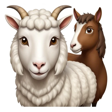 Portrait collage of domestic hooved animals: A calm goat with soft fur, a fluffy sheep with large eyes, and a noble horse with a shiny coat. Soft green meadow and distant hills in the background. Transparent background. sticker