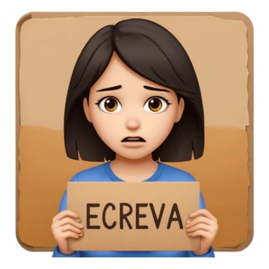 Sad realistic emoji of a young woman with messy hair, holding a cardboard sign that says "ESCREVA-SE", emotional begging expression, cinematic lighting, shallow depth of field, soft blurred background, high detail, viral social media style sticker