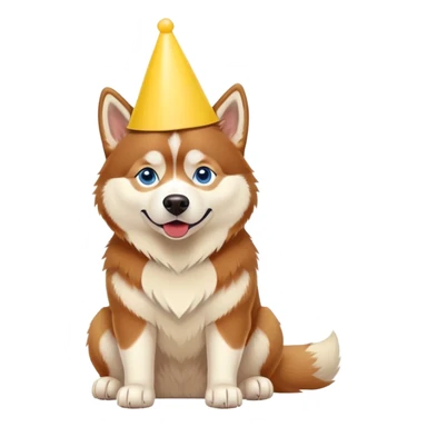 red siberian husky with blue eyes, sitting, wearing a yellow party hat sticker