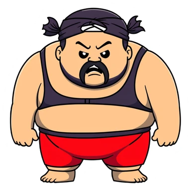 Close-up of morbidly obese white skin guy with young face, prominent BLACK DURAG tied clearly on head, distinct black beard and mustache, no muscle, black eyes in a red and black wrestling singlet with angry face sticker