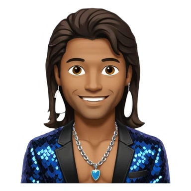 Eric Benét with long dark brown hair, black sequin jacket, shirtless with necklace sticker