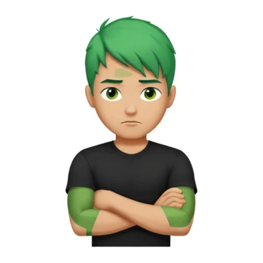 a man with his arms crossed over his chest, green hair, and serious eyes sticker