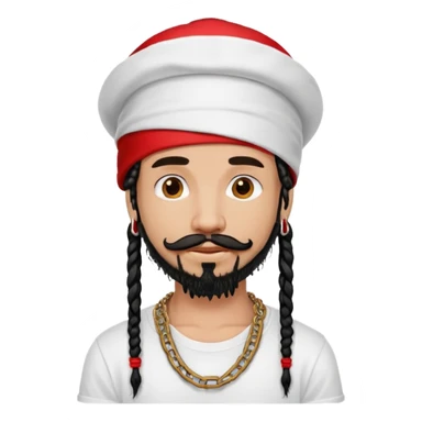 a beautiful male with black dreads, moustache and goatee, white t-shirt, red hat, chain around neck sticker