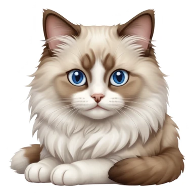 cinematic-[brown and white ragdoll cat]-realistic-full-body-sitting-emoji,-tail-curled-playfully-around-its-paws,-head-tilted-dramatically,-fluffy-[brown and white]-fur,-simplified-yet-realistic-focused-features,-highly-detailed,-glowing-with-an-almost-sarcastic-glow, with blue eyes sticker