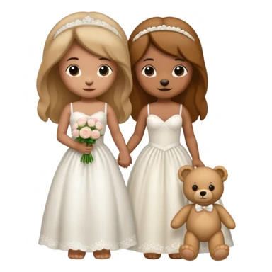 Teddy bear wearing white wedding dress holding the hand to another teddy bear wearing nothing.  sticker