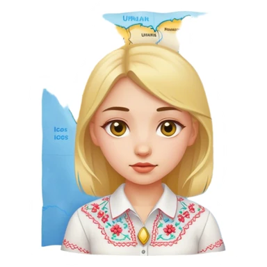 A Ukrainian girl in a white embroidered shirt holds a map of Ukraine sticker