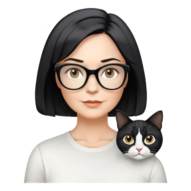 white woman, about 50 years old, light warm skin, short black bob haircut with slight waves at ends, neutral-determined expression, large black shiny butterfly or cat-eye glasses, white casual t-shirt, calm and creative energy sticker