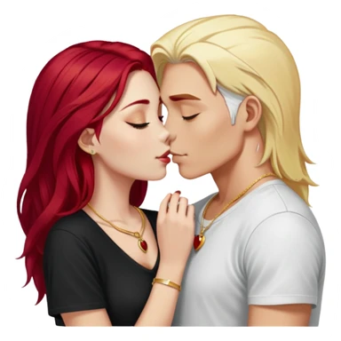 couple kissing, girl with long cherry red hair, blonde eyebrows, gold A necklace, boy with SHORT PURE WHITE HAIR (not blonde, not gray, but WHITE like snow), dark t-shirt, silver ring sticker