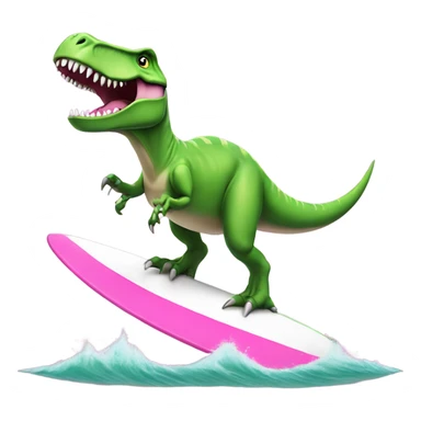 green t-rex dinosaur surfing on a pint and white surfboard with a pink tutu on sticker