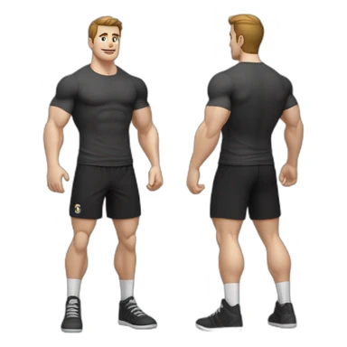 Pale skinned Fit Man With the biceps and dark brown hair in black shirt, gray sports shorts and white Sneakers Relies on the crossbar sticker